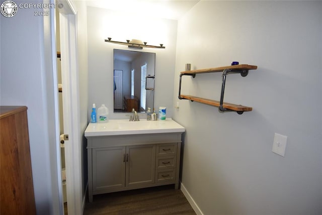 bathroom featuring vanity and hardwood / wood-style floors