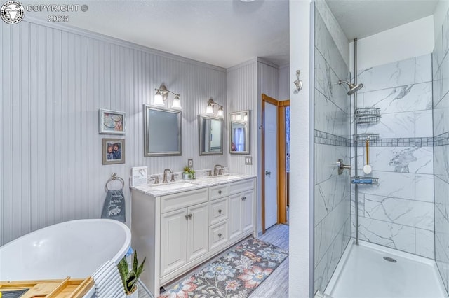 575 Wykagyl Rd, Westcliffe, CO 81252 - bathroom featuring a freestanding tub, double vanity, a tile shower, and a sink