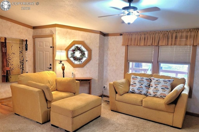 575 Wykagyl Rd, Westcliffe, CO 81252 - living room featuring ornamental molding, carpet floors, baseboards, and a ceiling fan