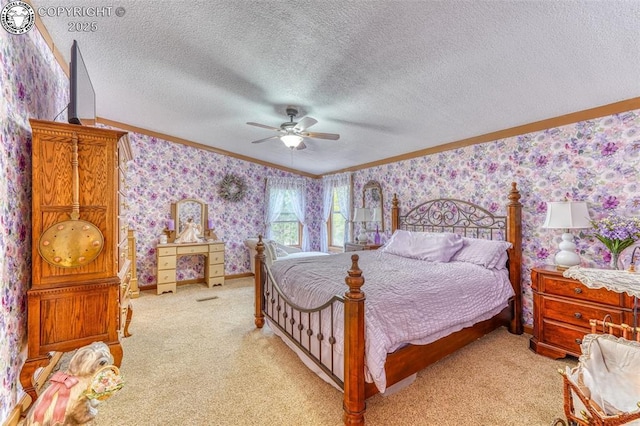 575 Wykagyl Rd, Westcliffe, CO 81252 - bedroom with light carpet, a textured ceiling, wallpapered walls, and crown molding