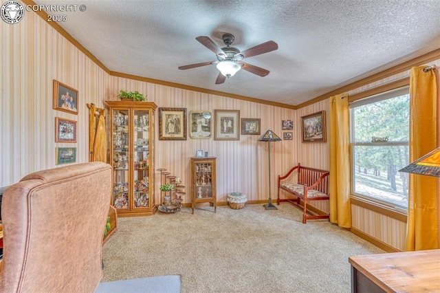 575 Wykagyl Rd, Westcliffe, CO 81252 - living area featuring a ceiling fan, crown molding, carpet floors, and a textured ceiling