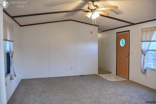 entrance foyer featuring ceiling fan, lofted ceiling, light carpet, and a textured ceiling