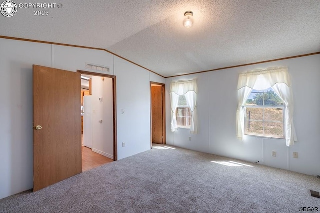 unfurnished bedroom with lofted ceiling, light carpet, and a textured ceiling