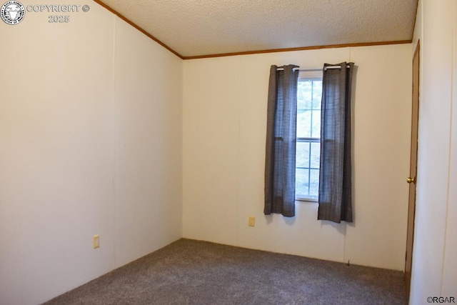 carpeted spare room featuring ornamental molding and a textured ceiling