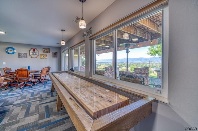 game room featuring a mountain view