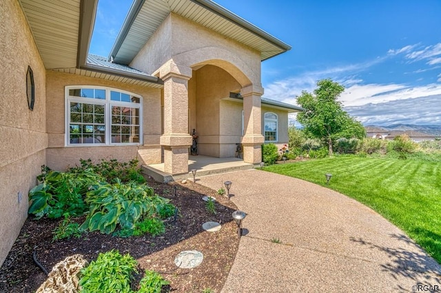 view of exterior entry featuring a yard, a patio, and stucco siding