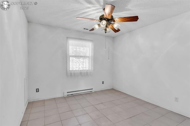 spare room featuring a textured ceiling, ceiling fan, and baseboard heating