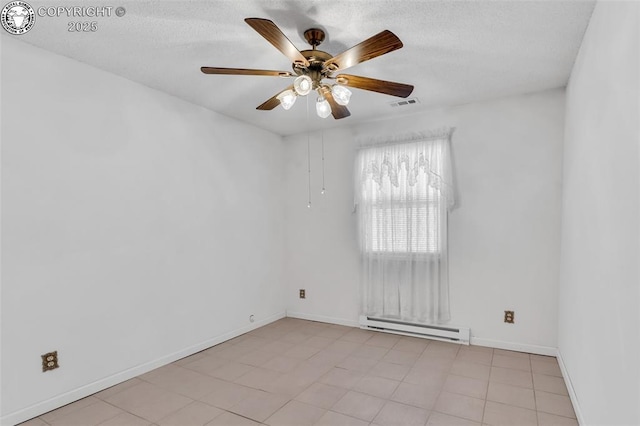 empty room featuring a baseboard heating unit, a textured ceiling, and ceiling fan