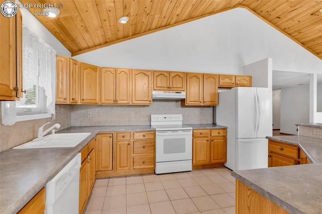 kitchen with sink, wood ceiling, light tile patterned floors, white appliances, and decorative backsplash