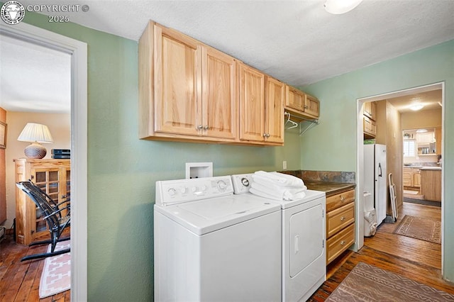 washroom with dark wood-style flooring, cabinet space, and washer and dryer