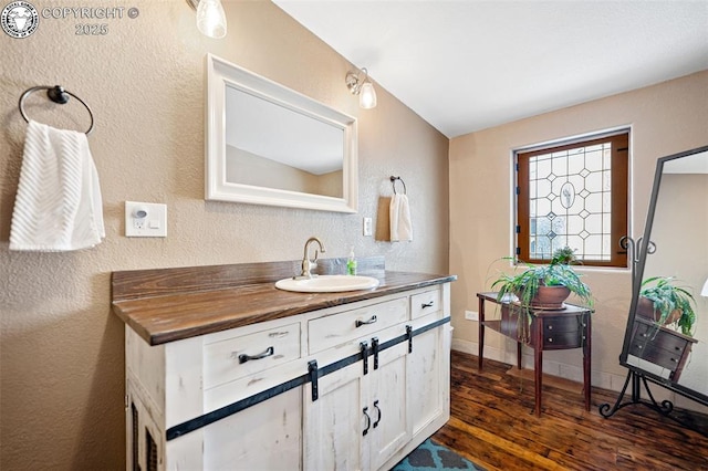 bathroom with vanity, baseboards, wood finished floors, and a textured wall