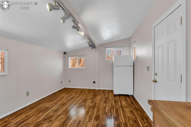 interior space featuring lofted ceiling, dark hardwood / wood-style flooring, and track lighting