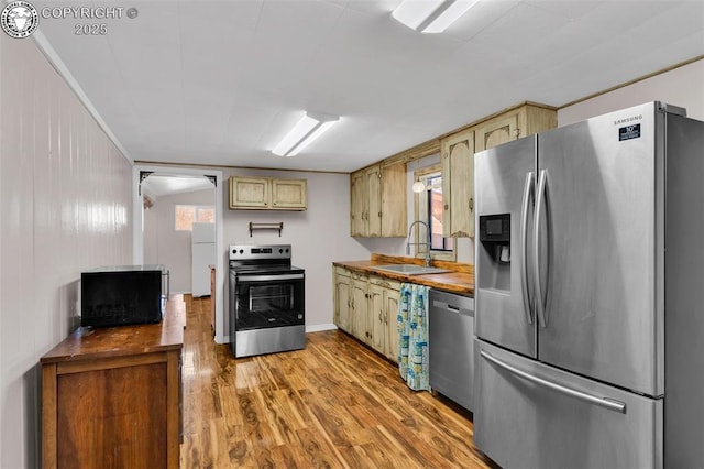 kitchen featuring appliances with stainless steel finishes, sink, a wealth of natural light, and light hardwood / wood-style flooring