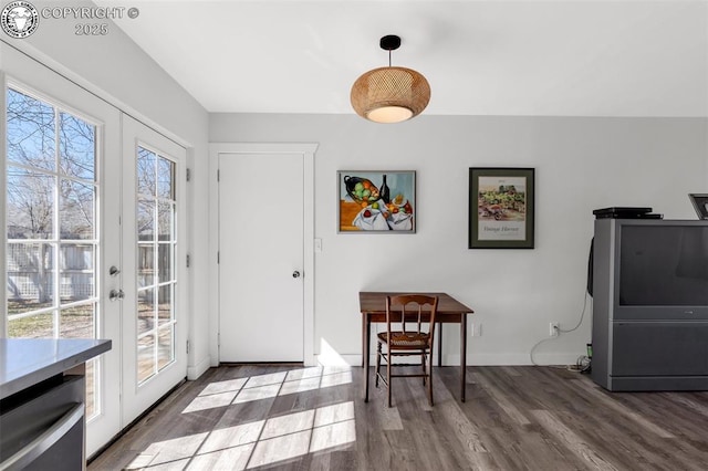 dining room with french doors, a healthy amount of sunlight, baseboards, and wood finished floors