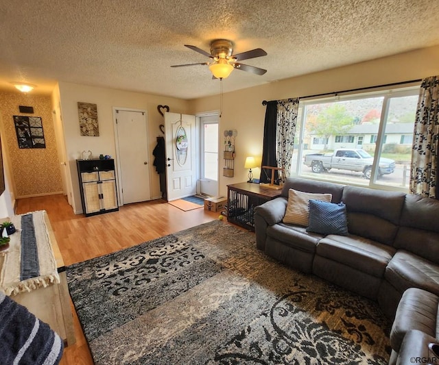 living room featuring wood-type flooring, a textured ceiling, and ceiling fan