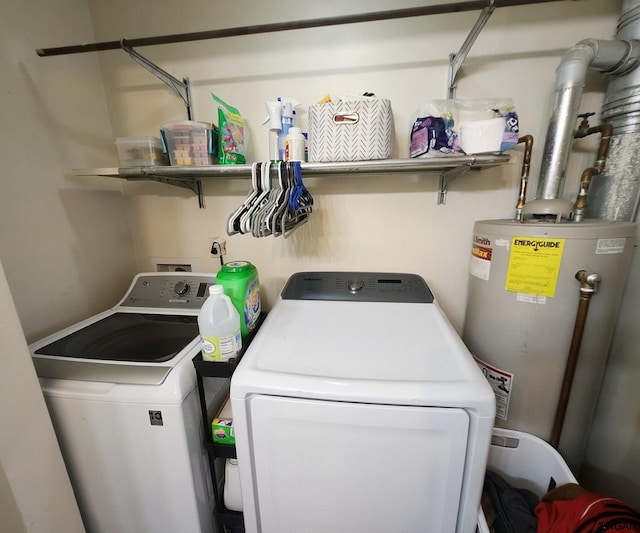 laundry area with water heater and washing machine and clothes dryer