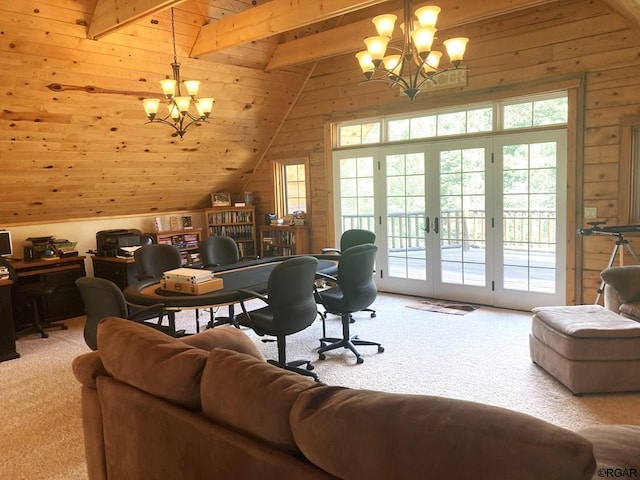 carpeted office with an inviting chandelier, lofted ceiling with beams, wooden ceiling, and wood walls