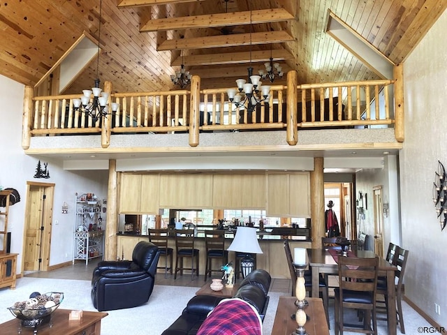 living room featuring beam ceiling, a notable chandelier, wood ceiling, and high vaulted ceiling