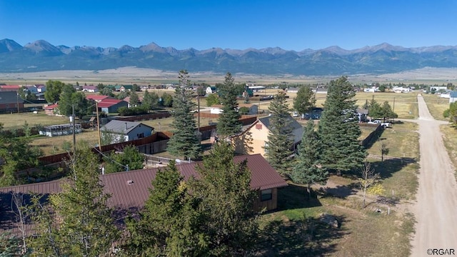 drone / aerial view featuring a mountain view