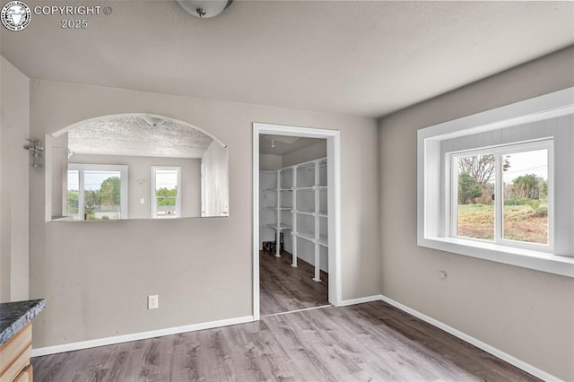 20 N Wilmont Cir, Williamsburg, CO 81226 - unfurnished dining area with arched walkways, plenty of natural light, a textured ceiling, and wood finished floors