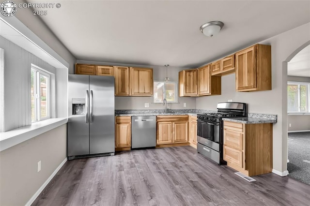 20 N Wilmont Cir, Williamsburg, CO 81226 - kitchen with appliances with stainless steel finishes, a sink, wood finished floors, and baseboards