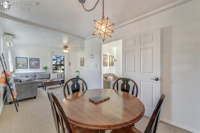 dining room with light colored carpet, ceiling fan, and an AC wall unit