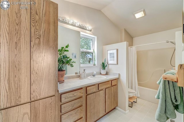 full bathroom with shower / bath combo, toilet, vanity, and lofted ceiling