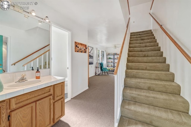 staircase featuring carpet