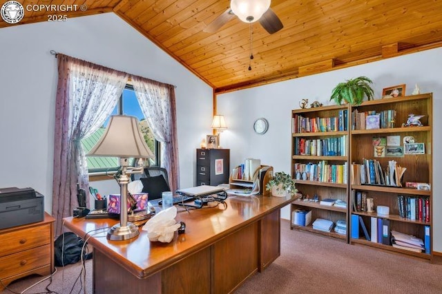 carpeted office space featuring lofted ceiling, wood ceiling, and ceiling fan