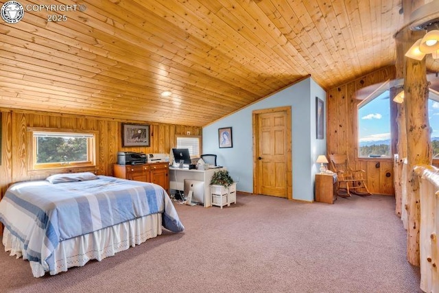 carpeted bedroom with lofted ceiling, wooden walls, and wooden ceiling