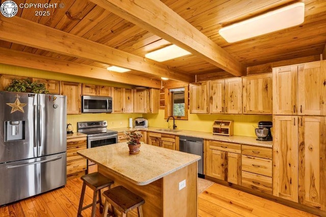 kitchen with a kitchen bar, sink, a kitchen island, beamed ceiling, and stainless steel appliances