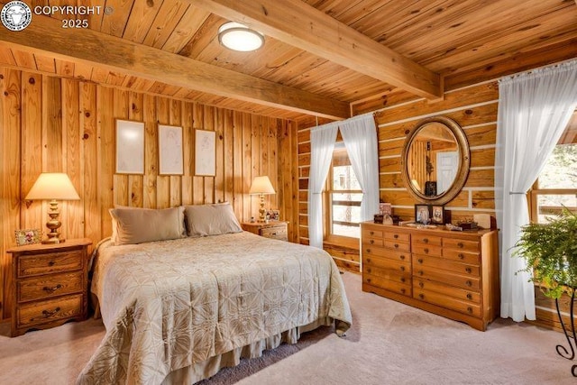 carpeted bedroom featuring beam ceiling, wooden ceiling, log walls, and wooden walls