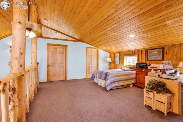 bedroom with wood ceiling, lofted ceiling, wooden walls, and carpet floors