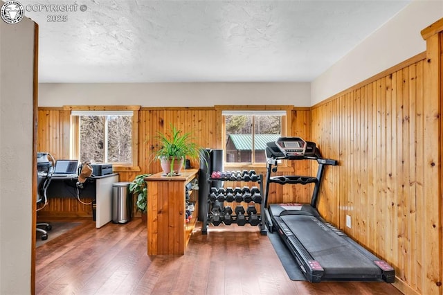 exercise area featuring wood walls, a textured ceiling, and wood finished floors