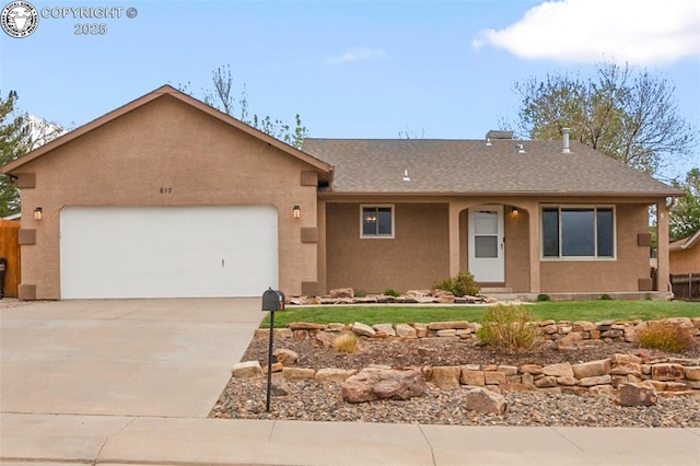 ranch-style home featuring an attached garage, driveway, stucco siding, and a front yard