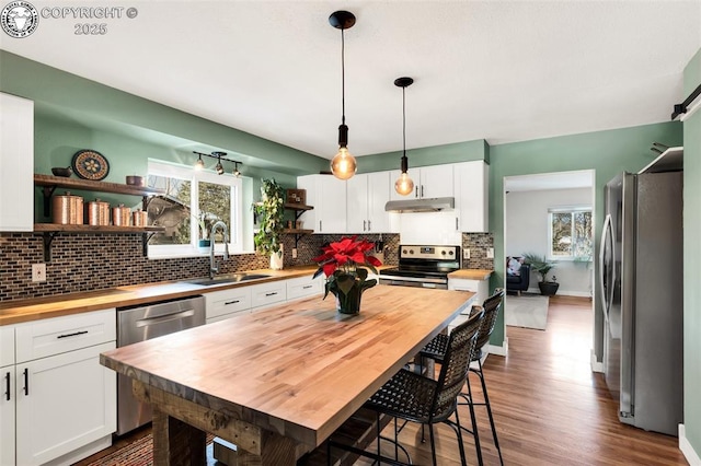 kitchen featuring white cabinetry, appliances with stainless steel finishes, sink, and wooden counters