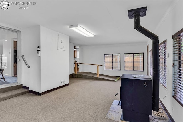 1035 Ohio Ave, Canon City, CO 81212 - unfurnished office featuring a wood stove, carpet floors, and crown molding