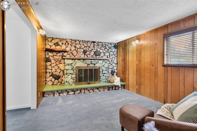1035 Ohio Ave, Canon City, CO 81212 - living room featuring carpet floors, wooden walls, a stone fireplace, and a textured ceiling