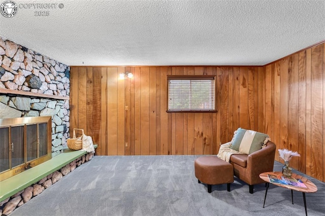 1035 Ohio Ave, Canon City, CO 81212 - living area featuring carpet floors, a textured ceiling, wooden walls, and a fireplace