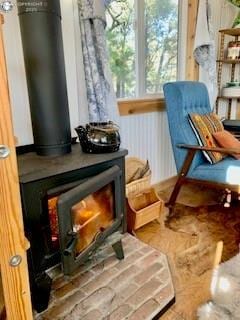 living area with a wood stove