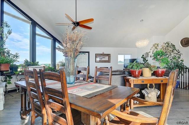 dining area featuring dark wood-type flooring, lofted ceiling, and a healthy amount of sunlight