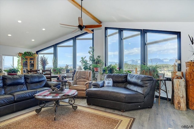 living room with hardwood / wood-style flooring, ceiling fan, and vaulted ceiling