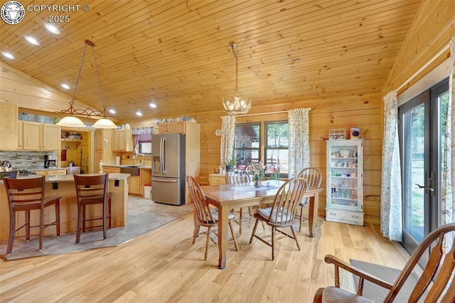 dining space with light wood finished floors, a notable chandelier, a healthy amount of sunlight, and wood ceiling