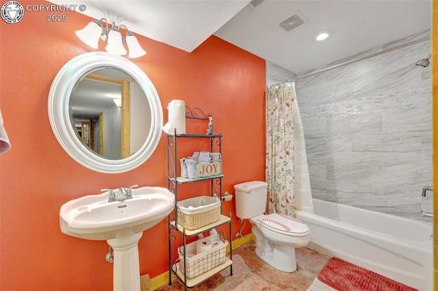 bathroom featuring tile patterned floors, toilet, shower / bath combo, and visible vents