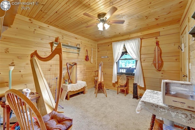 bedroom with wooden walls, wood ceiling, and carpet floors