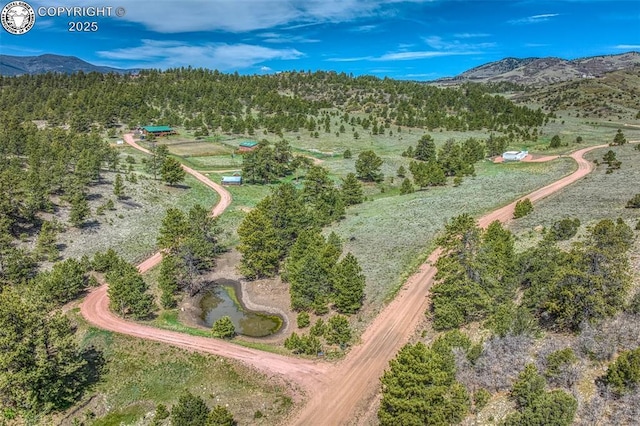 aerial view with a mountain view and a wooded view