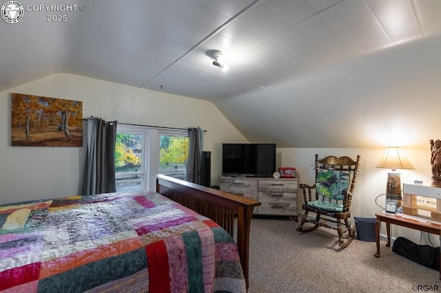 bedroom featuring carpet and vaulted ceiling