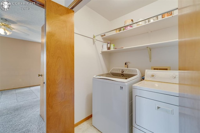1108 Fairview Ave Unit B, Canon City, CO 81212 - washroom featuring washing machine and clothes dryer, light colored carpet, and a ceiling fan