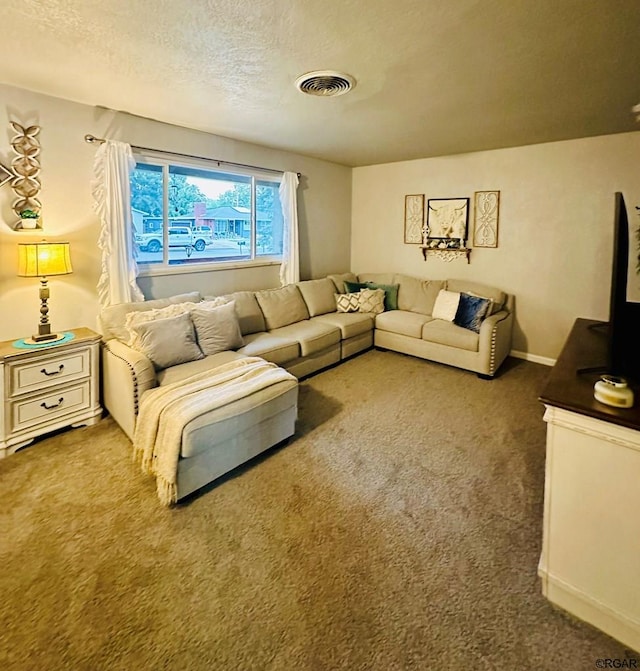 carpeted living room featuring a textured ceiling