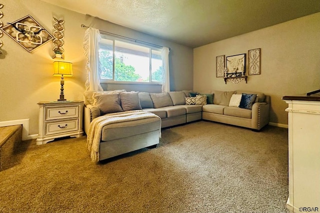 carpeted living room featuring a textured ceiling